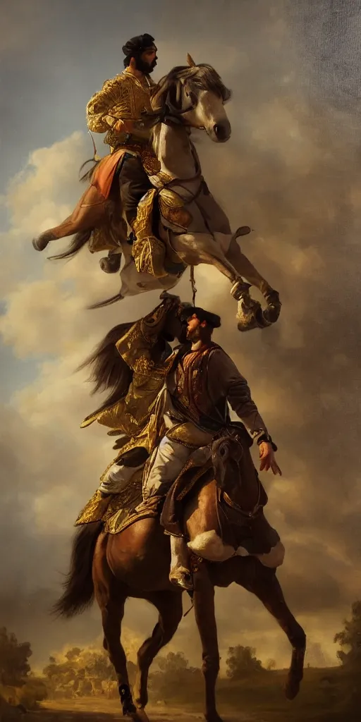 Image similar to Highly detailed and cinematic romantic period oil painting of an Arabian prince riding a rearing horse, beautifully lit and atmospheric, an oil painting masterpiece by Josep Tapiró Baró, RPG portrait, dynamic lighting, 8K