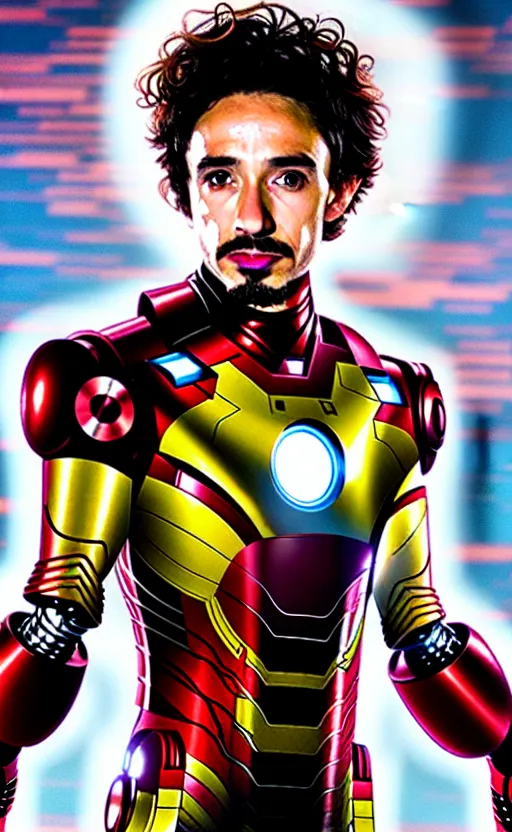 Image similar to portrait of robert sheehan as iron man from the avengers infinity war, character concept art, hyperrealistic, detailed, accurate illustration, dramatic lighting, action pose