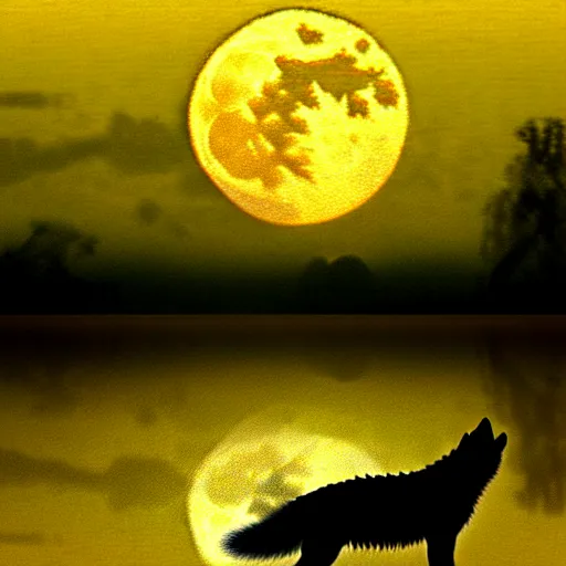 Image similar to Crocodile chimera prowling a fog covered swamp, snout and ears of a wolf, yellowish full moon