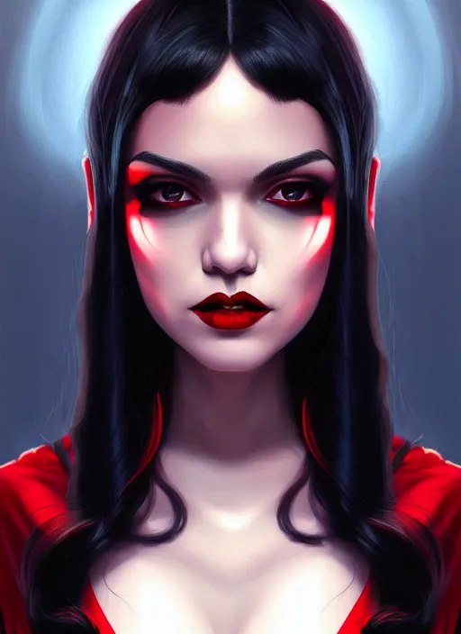 Image similar to portrait of vampire veronica lodge with bangs, vampire fangs, vampire, long hair, red clothes, bangs, vampironica, intricate, elegant, glowing lights, highly detailed, digital painting, artstation, concept art, smooth, sharp focus, illustration, art by wlop, mars ravelo and greg rutkowski