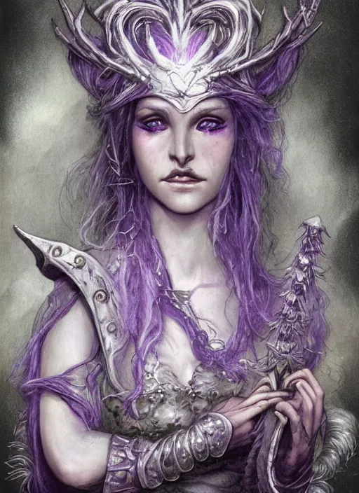 Image similar to portrait of young female sorceress of the endtimes, transluscent skin, silver filigreed armor, lavender hair, beautiful! coherent! dungeons and dragons character, by brian froud, strong line, cool night color, high contrast