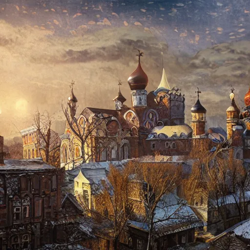 Prompt: photo ancient Slavic Russian city of Kitezh, concept art, painting by Viktor Vasnetsov, magical city, fantasy cityscape, ancient Slavs, wooden buildings, ancient Russian architecture, terem, hyperborea, top cinematic lighting , cinematic mood, very detailed, 8k, high resolution