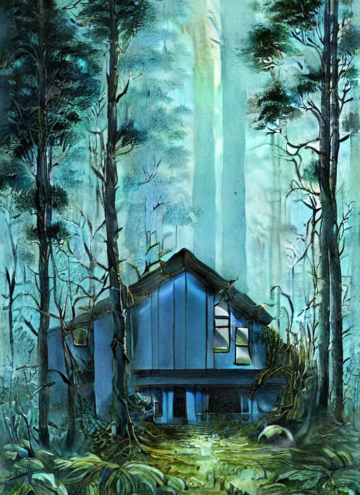 Image similar to hyper realistic witchy modern house with mood lighting and tech in the woods gorgeous lighting, blue sky, highly detailed, lush forest foliage painting by zdzisław beksinski and norman rockwell and greg rutkowski weta studio, and lucasfilm