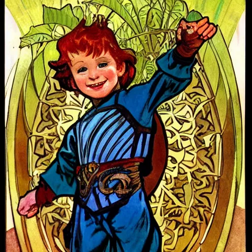 Prompt: a little boy with a mischievous face and short ginger hair. he is dressed as a knight. well composed, clean elegant painting, beautiful detailed face. colorful painting by steve ditko and jack kirby and alphonse mucha