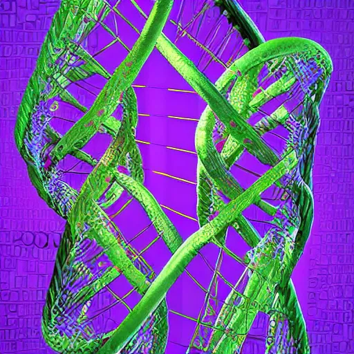 Image similar to in a field, two scientists in lab coats encounter a monster shaped like the DNA double helix, digital art