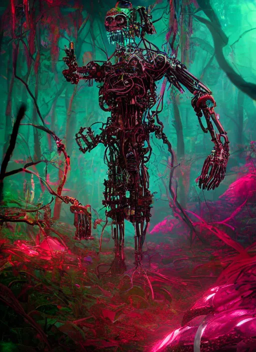 Prompt: a mad small psychedelic surreal horror cyborg in the chaotic spirit forest, bizarre conceptual art, filmic, fulcolor octane render, 1 6 k 4 d, cinematic, ultra - realistic