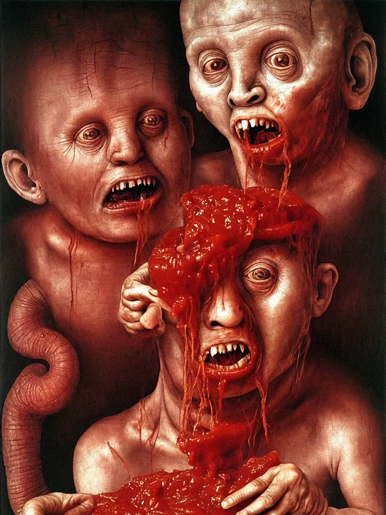 Prompt: a boy like eraserhead and elephant man sitting in a tub full of tomato sauce, looking straight into camera, screaming in desperation, zoomed out, master shot, by giuseppe arcimboldo and ambrosius benson, renaissance, fruit, intricate and intense oil paint, a touch of beksinski and hr giger and edward munch, realistic