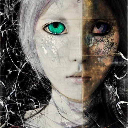 Image similar to Yoshitaka Amano blurred and dreamy illustration of an anime girl with pirate eye patch, wavy white hair and cracks on her face wearing Elden ring armour with the cape fluttering in the wind, abstract black and white patterns on the background, noisy film grain effect, highly detailed, Renaissance oil painting, weird portrait angle