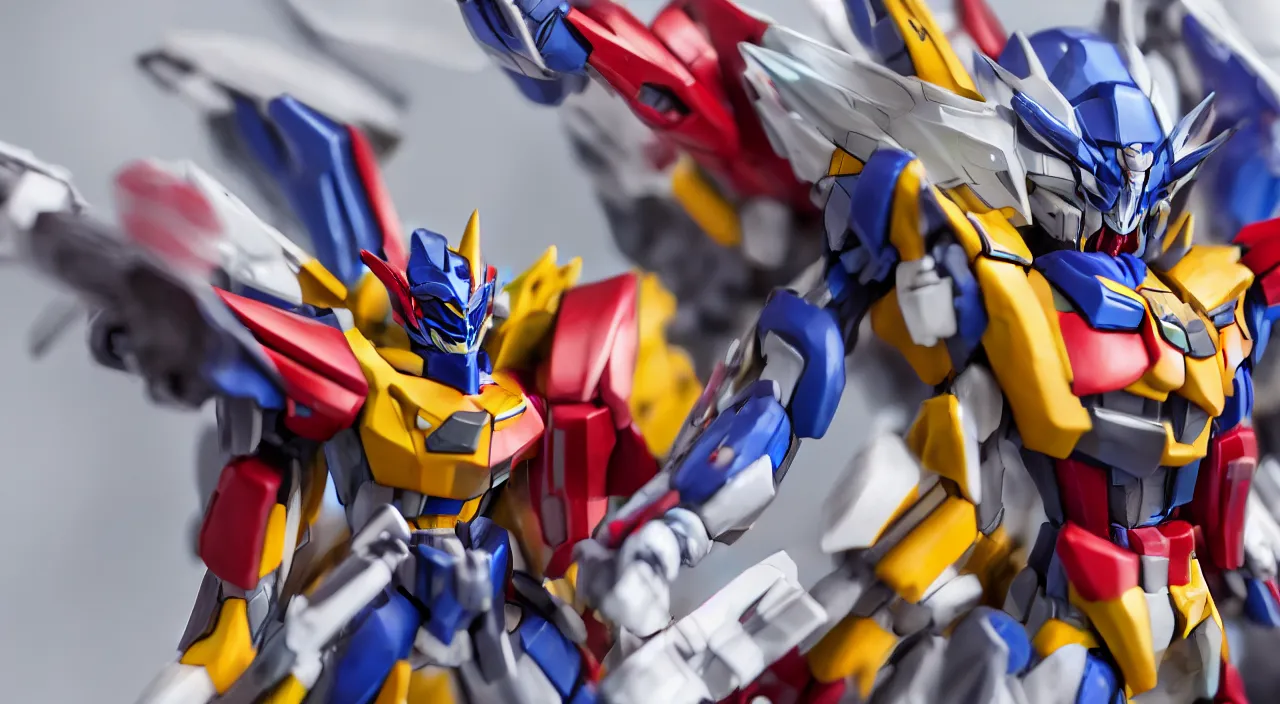 Image similar to medium close up view, Gundam,Guyver,colourful,bokeh,blur,cinematic lighting