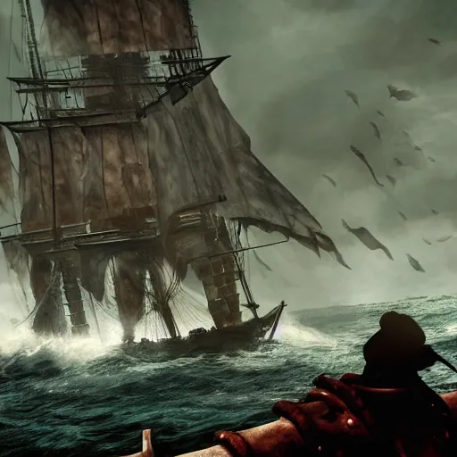 Image similar to pirate captain hunter from bloodborne on a sailing vessel, the view is from behind, bloodborne trick weapons, ocean, dark, stormy, gothic horror, renaissance painting, michelangelo