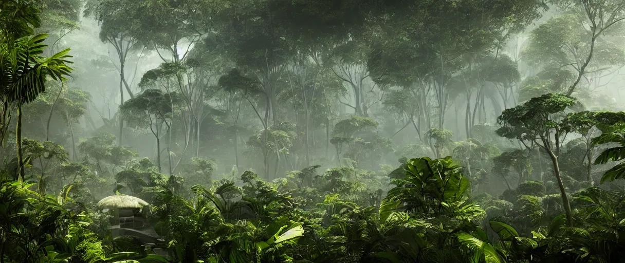 Prompt: architecture inspired by oscar niemeyer deep in the rainforest. nature is taking over. matte painting by ivan laliashvili. unreal engine 5 render. atmospheric. cinematic.