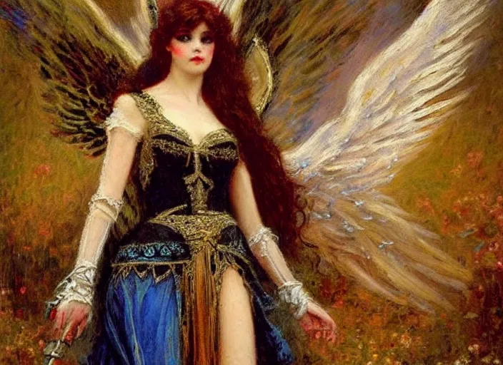 Image similar to horizontal prtrait of an angel knight gothic girl, baroque dress. by gaston bussiere