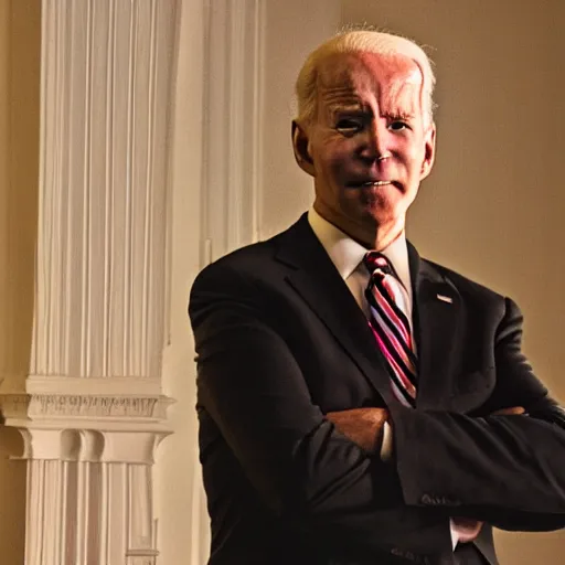 Image similar to photo Doom horror furious glowing red eyes vast destruction biden