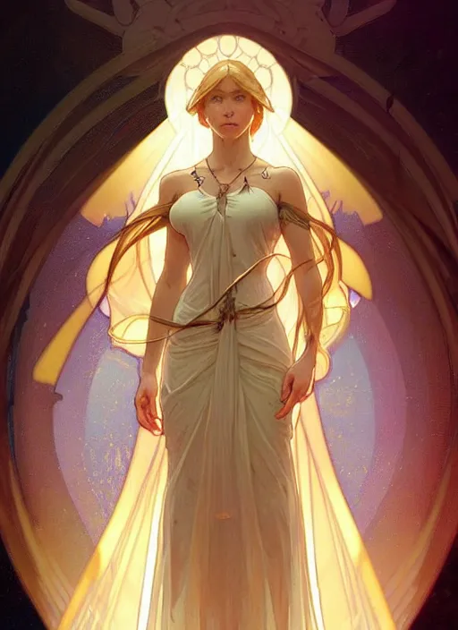 Image similar to a digital concept art by artgerm and greg rutkowski and alphonse mucha. clear portrait of a young wife blessed by god to uncontrollably become overwhelmingly perfect!! blonde, clothed, holy body!! light effect. hyper detailed, character concept, glowing lights!! intricate, elegant, digital painting, artstation, smooth, sharp focus