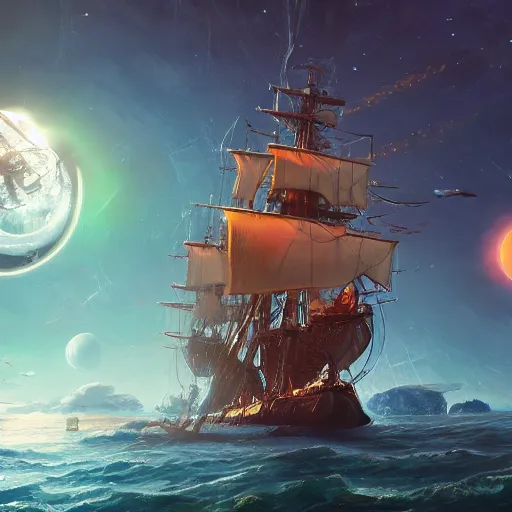 Image similar to pirate ship sailing through space with distant planets visible in the background, trending on artstation, ultra fine detailed, hyper detailed, hd, concept art, digital painting