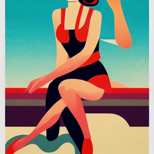 Image similar to a painting of a woman in a bathing suit sitting on a boat, an art deco painting by tom whalen, trending on behance, art deco, digital illustration, storybook illustration, art deco, flat shading, vector art, airbrush