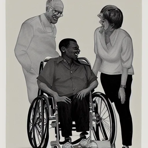 Prompt: a male patient in a wheelchair in the hospital with his wife and son standing by. happy, cheerful, smiling, cinematic lighting, art by emiliya lane, margaret dyer