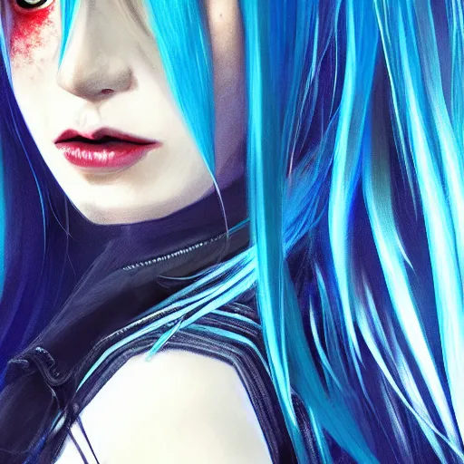 Image similar to full face shot of rimuru tempest, sky blue straight hair, long bangs, with amber eyes, wearing a black jacket, high collar, ultra detailed, concept art, award winning photography, digital painting, cinematic, wlop artstation, closeup, pixiv, evil, yoshitaka amano, andy warhol, ilya kuvshinov,