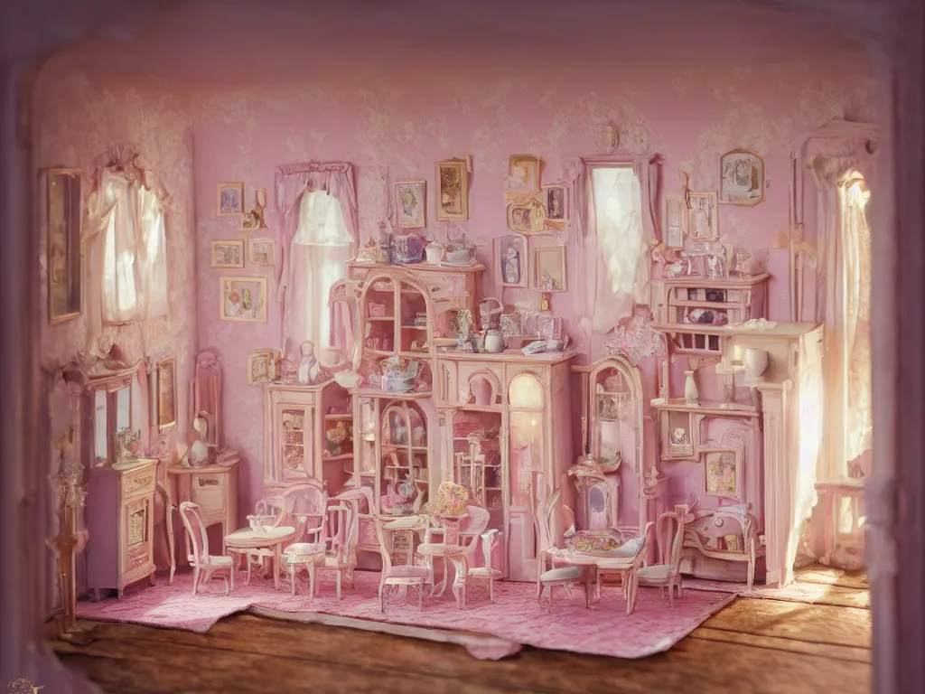 Image similar to hyperrealistic, highly detailed rendering, one source of light, interior of a victorian doll house, polly pocket, cute, strange, pastel tones, victorian furnitures, low natural light, volumetric light windows, oak wood floor, luxe, 8 k, ultra wide angle