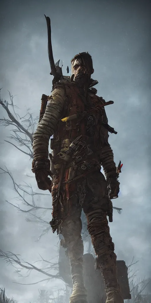 Image similar to A grimdark comic book style portrait as a post apocalyptic warrior survivalist in a atmospheric dark bombarded landscape with large dead trees, unreal 5, DAZ, hyperrealistic, octane render, RPG portrait, ambient light, dynamic lighting