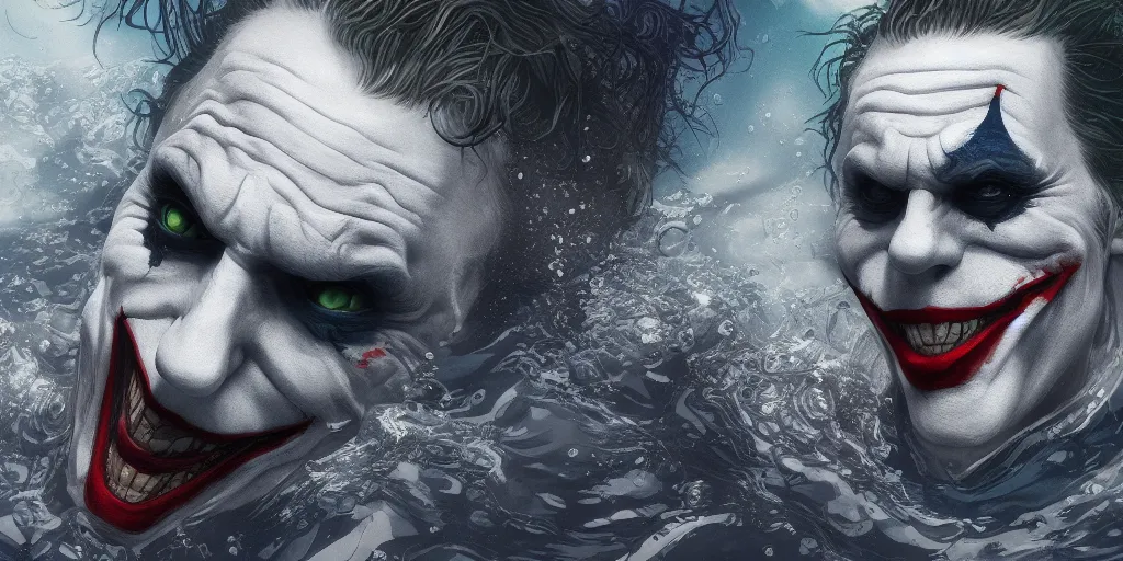 Image similar to The Joker is underwater, drowning, hyperdetailed, artstation, cgsociety, 8k