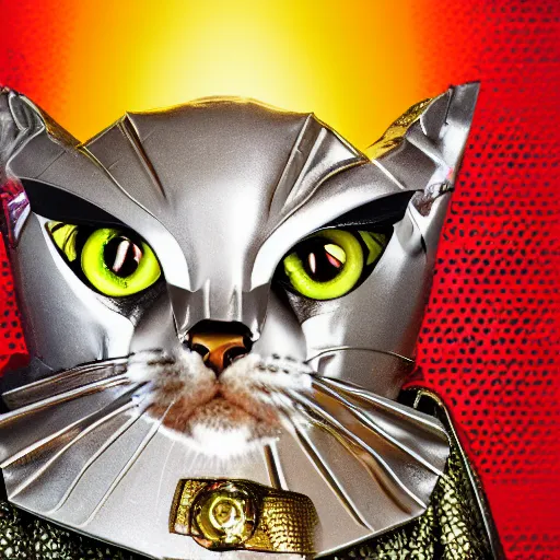 Prompt: a superhero metallic armored gilded cat with red laser eyes flying with a cape on it's back