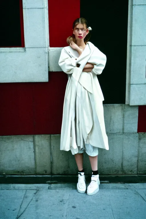 Prompt: high quality realistic street photo of girl, stylish hairstyles, clothes in the style of 1 9 9 0, fashion style clothes from maison margiela and off - white ; kodak ektar, 2 0 0 iso, 3 5 mm lens, bill henson style beautiful chiaroscuro lighting, beautiful colour palette, beautiful and realistic, wide shot