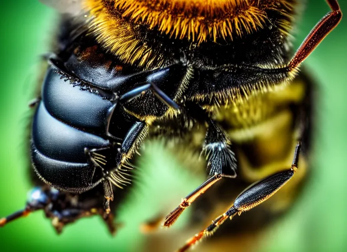 Image similar to super macro of a ronot bee drinking from a flower in the forest. fantasy horror cyberpunk style. highly detailed 8 k. intricate. nikon d 8 5 0 3 0 0 mm. award winning photography.