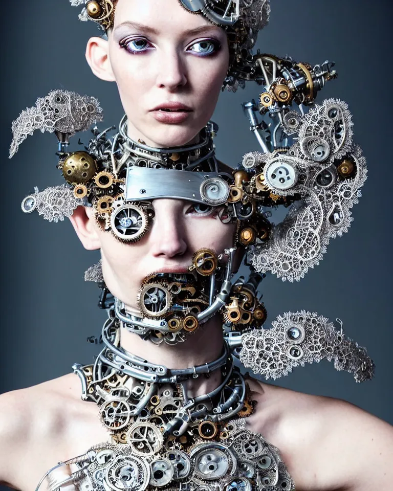 Image similar to highly detailed full body portrait of a complex bio-mechanical beautiful young female cyborg with a steampunk metal fine lace face, retrofuturistic depressing hopeless horrific vibe, full shot, pale skin, curled silver metallic hair and a fine metal floral foliage lace collar by Alexander McQueen:: high fashion, haute couture, rococo, steampunk, fine silver filigree details, anatomical, facial muscles, cable wires, microchip, elegant, hyper realistic, 150 mm lens, soft rim light, octane render, unreal engine, volumetric lighting, 8k, muted reflective metallic coloring, sharp focus