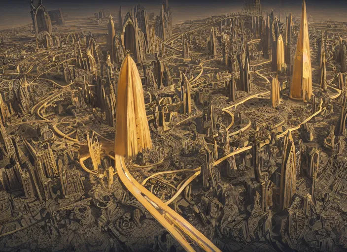 Image similar to cover concept art of the lost sand city, levitating sand, golden towers, golden pillars, palm trees, space and time, floating objects, post-processing, in the style of Hugh Ferriss, Behance, Artgerm. High detail, ultra realistic render, octane, 3D, photorealism, symmetric, cinematic