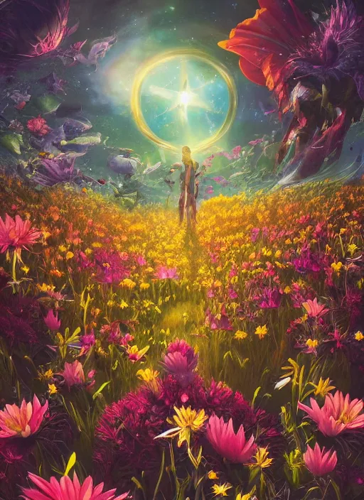 Image similar to An epic fantastic realism comic book style painting of the most beautiful flowers launched across the spiraling starry cosmos, nearby star, fisheye, unreal 5, DAZ, hyperrealistic, octane render, dynamic lighting