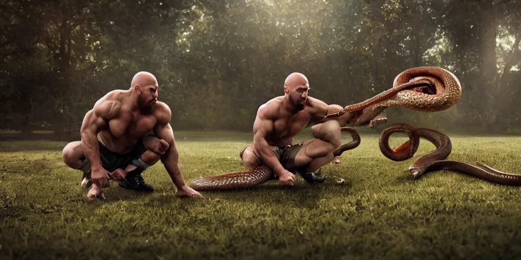 Prompt: Ryback fighting a snake outdoors, photorealistic, ultra hd, cinematic lighting, award-winning, 4k, leica sl2 30mm, beautiful color, high quality, high textured, lens flare