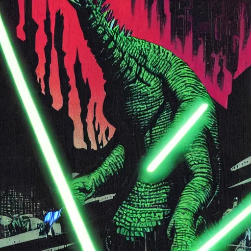 Image similar to godzilla in flowing jedi robes with a lightsaber by frank miller
