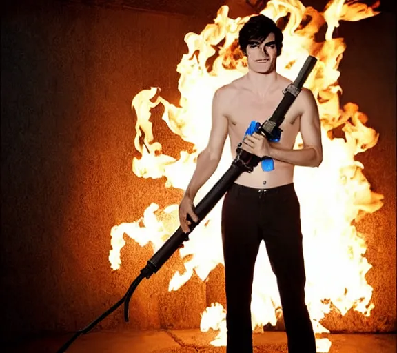 Image similar to rj mitte holding a flamethrower, movie still, upper body shot, photorealistic, clean composition