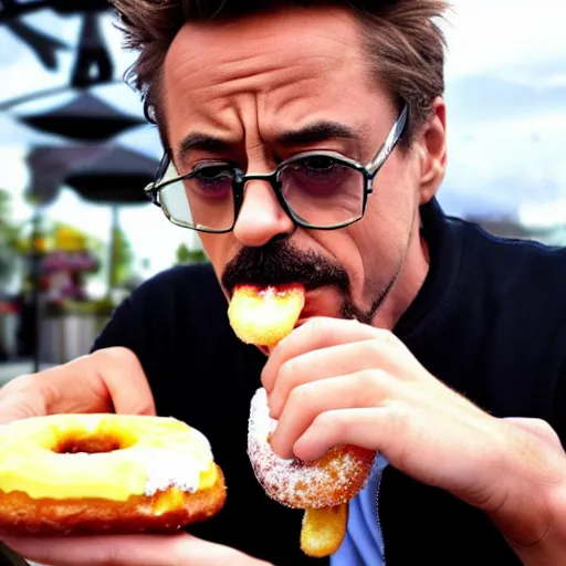 Image similar to Robert Downy Jr. eating a donut, 4k