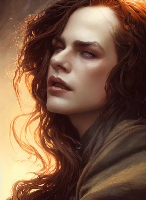 Image similar to realistic lighting, close up portrait of a ruggedly handsome female witch, soft hair, half body, leather, d & d, fantasy, intricate, elegant, highly detailed, digital painting, artstation, concept art, smooth, sharp focus, illustration, art by artgerm and greg rutkowski and alphonse mucha