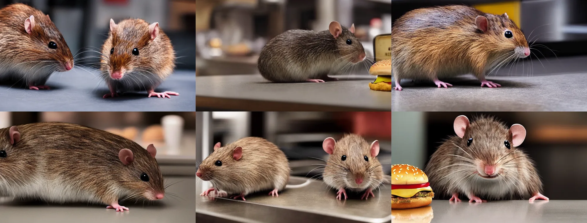 Prompt: a closeup still of a very realistic rodent with real fur texture on a fast food kitchen counter, Disney remake (2021)