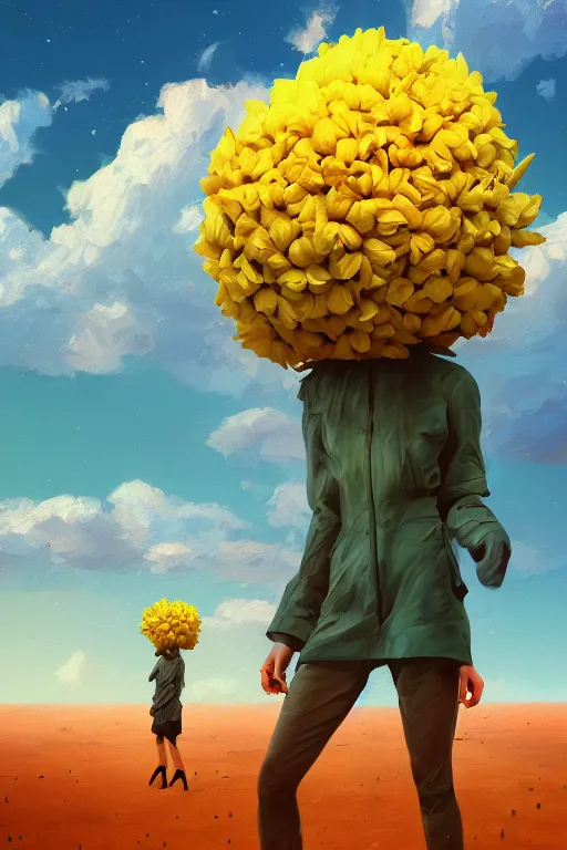 Prompt: closeup, enormous flower head, girl in desert, surreal photography, wind and cold, dramatic sky, impressionist painting, digital painting, artstation, simon stalenhag