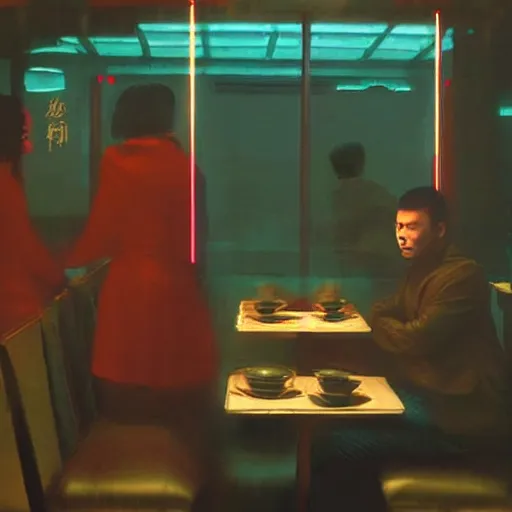 Prompt: simple small chinese restaurant interior dimly lit by red neon lighting Friday evening Bladerunner 2049 scene still. Dark glass windows. art by Alessandra Querzola and Dennis Gassner. Cinematography by Roger Deakins 1989 film photo slightly grainy.