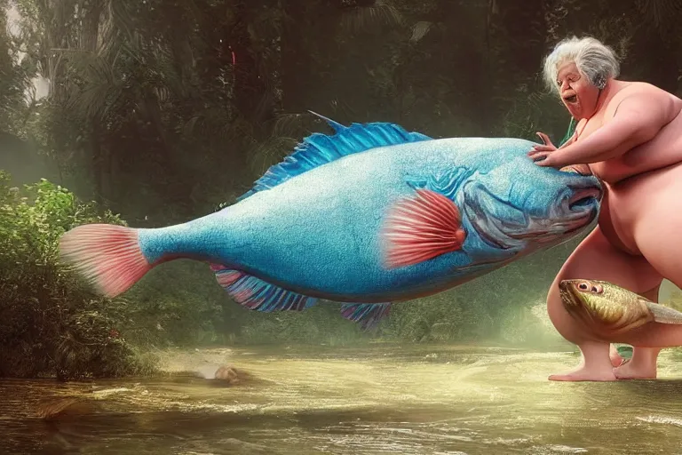 Prompt: of a very beautiful scene. ambient occlusion render. a sweet fat old woman is giving a birth to a huge colorful fish. hyper realistic. 4 k. wide angle. wild happiness. symmetrical face, red mouth, blue eyes. deep focus, lovely scene. ambient occlusion render. concept art. unreal engine.