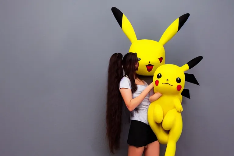 Image similar to a young skinny woman with long dark hair hugging a pikachu