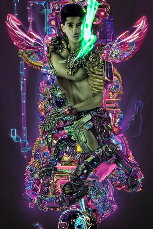 Image similar to full-body bladerunner style sculpture of a young handsome Latino prince as a half cibernetic android with a chest opening exposing circuitry and electric sparks, glowing laser beam eyes, crown of giant diamonds, flowing neon-colored silk, fabric, raptors. baroque elements. full-length view. baroque element. intricate artwork by caravaggio. many many birds birds on background. Trending on artstation, octane render, cinematic lighting from the right, hyper realism, octane render, 8k, depth of field, 3D