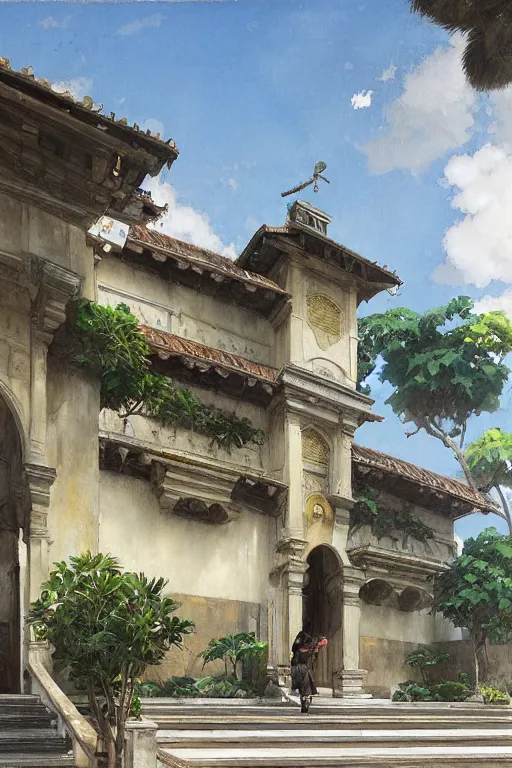 Image similar to the front of a spanish school, spanish architecture, tropical, by greg rutkowski makoto shinkai takashi takeuchi