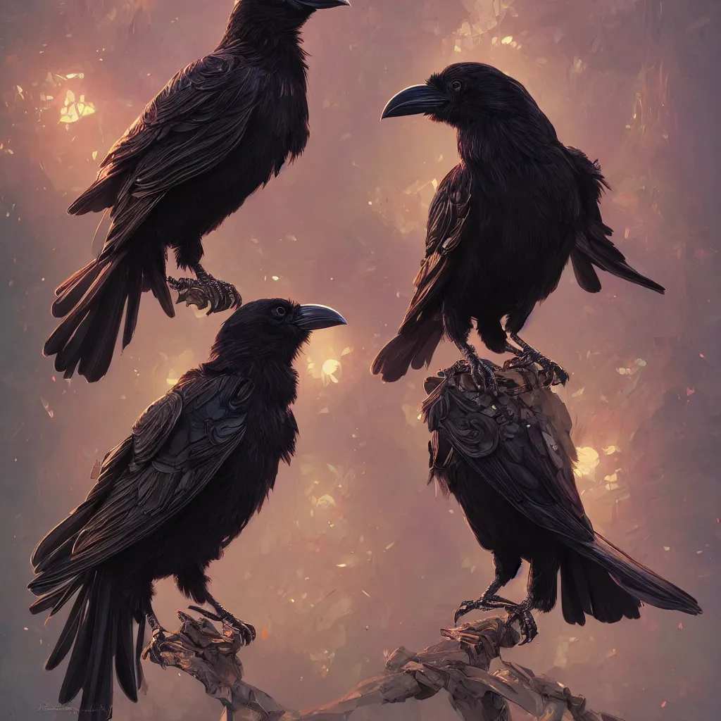 Image similar to beautiful black raven bird with ornatearmor, cute, intricate, highly detailed, digital painting, trending on artstation, concept art, smooth, sharp focus, backlit, rim light, vivid colors, illustration, unreal engine 5, 8 k, art by rossdraws and alphonse mucha