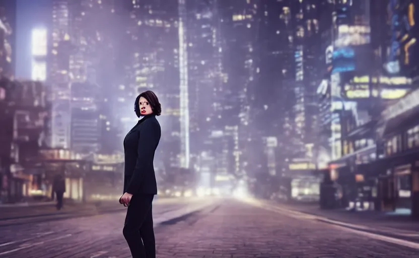 Image similar to a wide shot of a woman with a wool suit, very short hair, blurred face, wearing an omega speedmaster on her wrist in front of a crowded dystopian city full of people walking at night with fog and cyberpunk lights