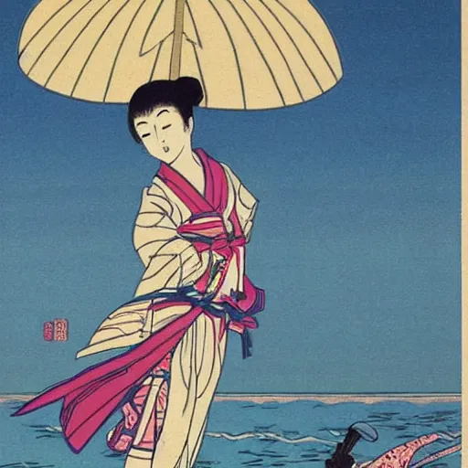 Image similar to Beautiful Japanese woman running from an old samurai on the beach Toshio Saeki, high detailed