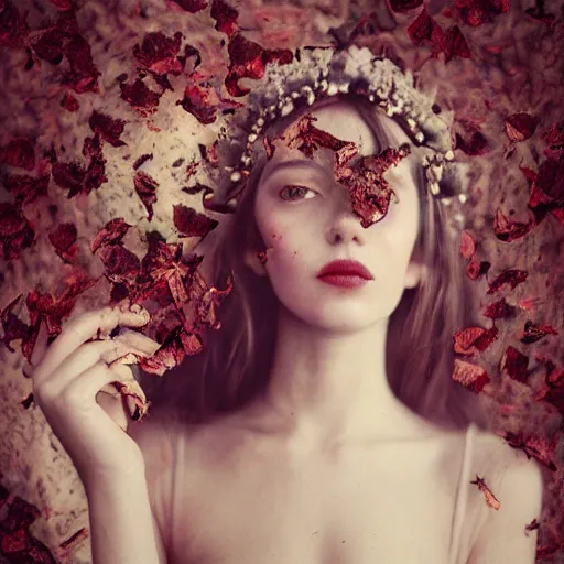 Image similar to full body fine art photo of the most beautiful woman, she has a crown of dried roses, by oleg oprisco