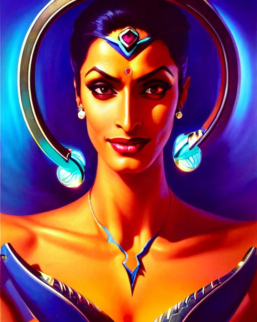 Image similar to symmetra from overwatch, elegant, confident, smug, strong, colorful, fantasy, fantasy art, character portrait, portrait, close up, highly detailed, intricate detail, amazing detail, sharp focus, vintage fantasy art, vintage sci - fi art, radiant light, caustics, by boris vallejo