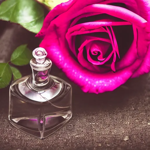 Image similar to perfume bottle buried in artistic, luscious dark pink roses, soft femme, romantic simple path traced, environment, up close shot