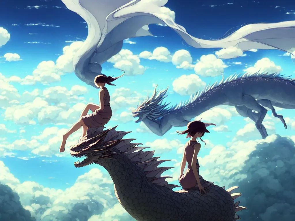 Image similar to a vast scene, panorama distant view, hyper detailed scene render of a beautiful girl sit on a huge silver dragon back, in the white clouds fairyland, animation portrait concept art, style of makoto shinkai, xision, james jean and peter mohrbacher, studio ghibli, artgerm, karol bak, beeple, 4 k hd, animation style